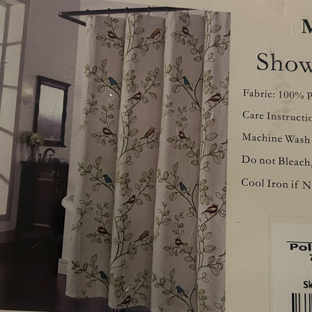 BNIP Shower Curtain with Floral Design white with green & small colourful birds